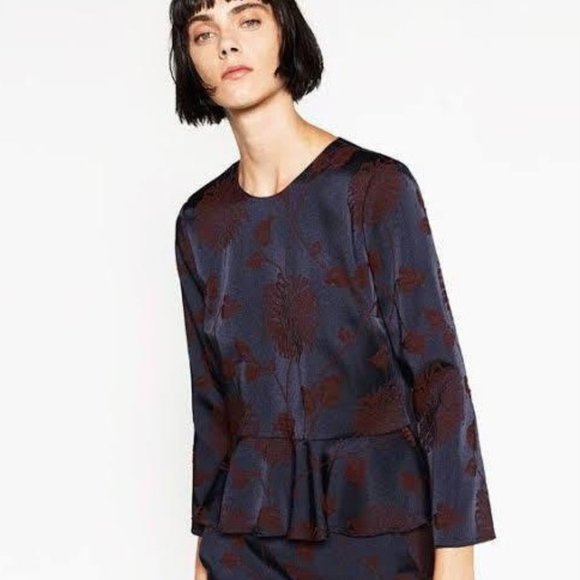 Zara Tops Zara Womens Jacquard Floral Peplum Blouse Top S Poshmark